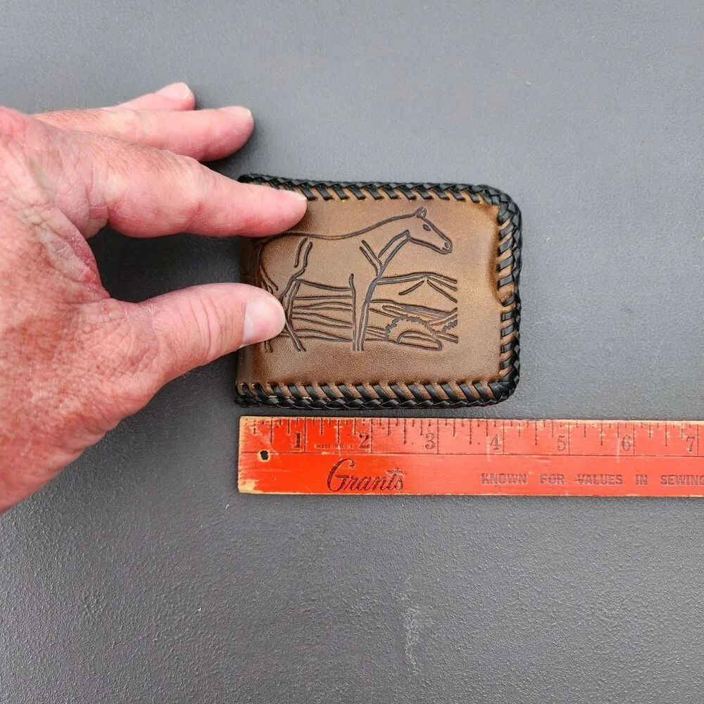 Vintage Hand Tooled Leather Braided Edge Bifold Wallet Horse & Cabin Western